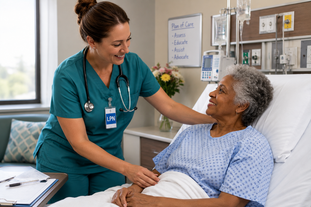 Registered nurse consulting with patient in modern healthcare setting