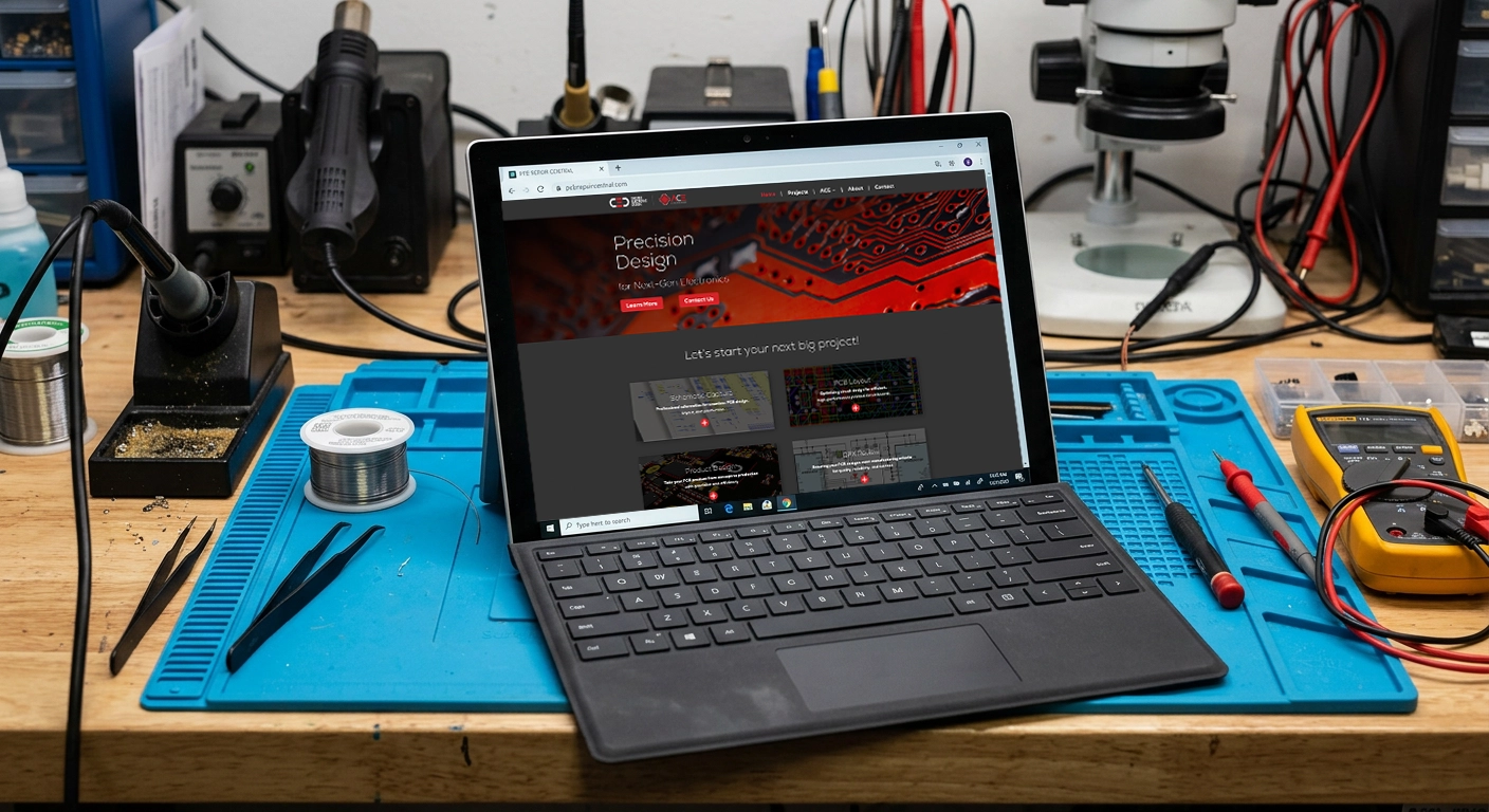 Chester Electronic Design website shown on a laptop on a workbench