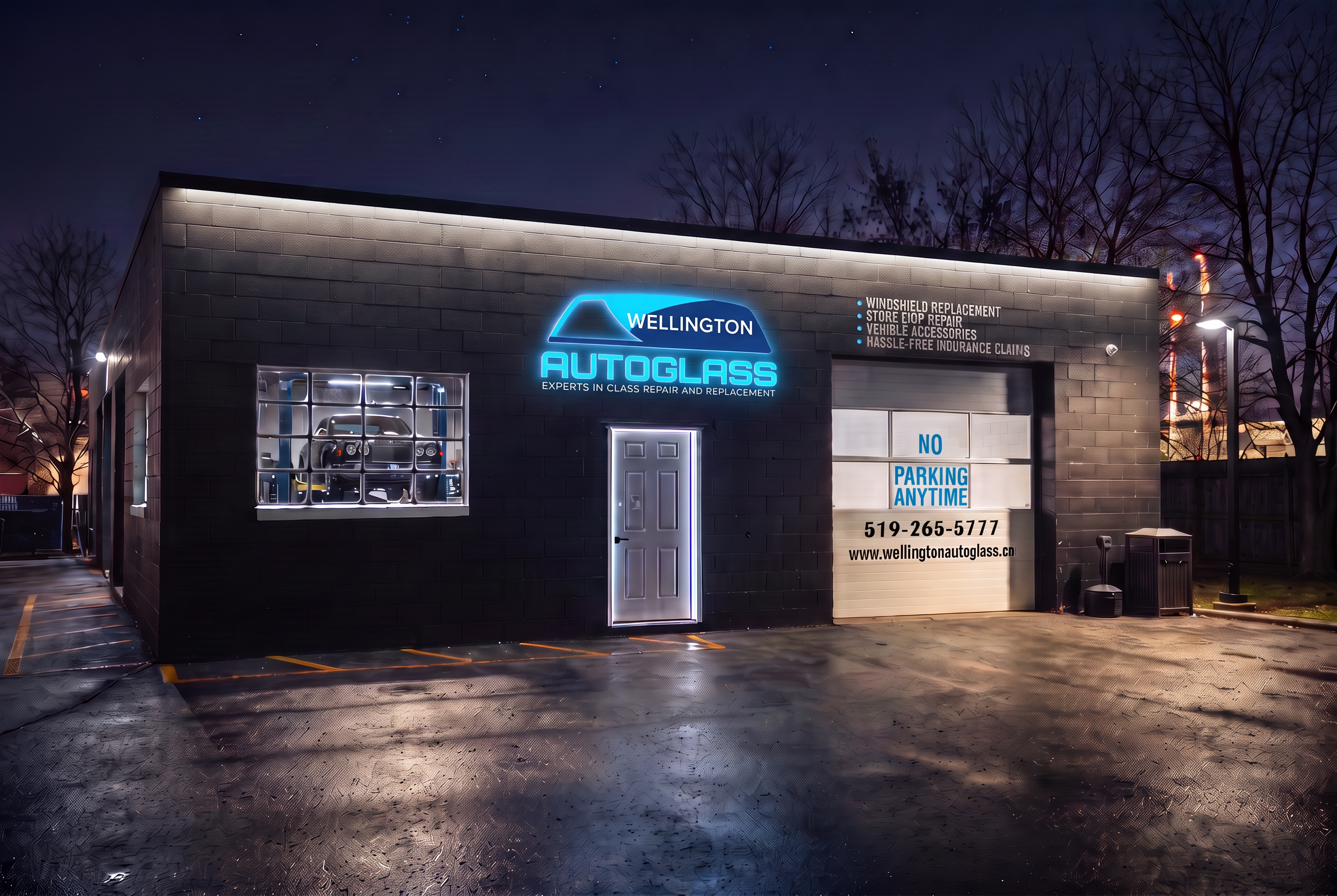 Wellington Auto Glass shop exterior at night