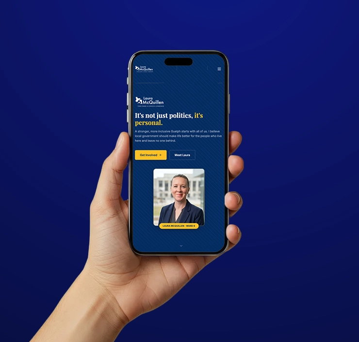 Laura McQuillen campaign website shown on a smartphone