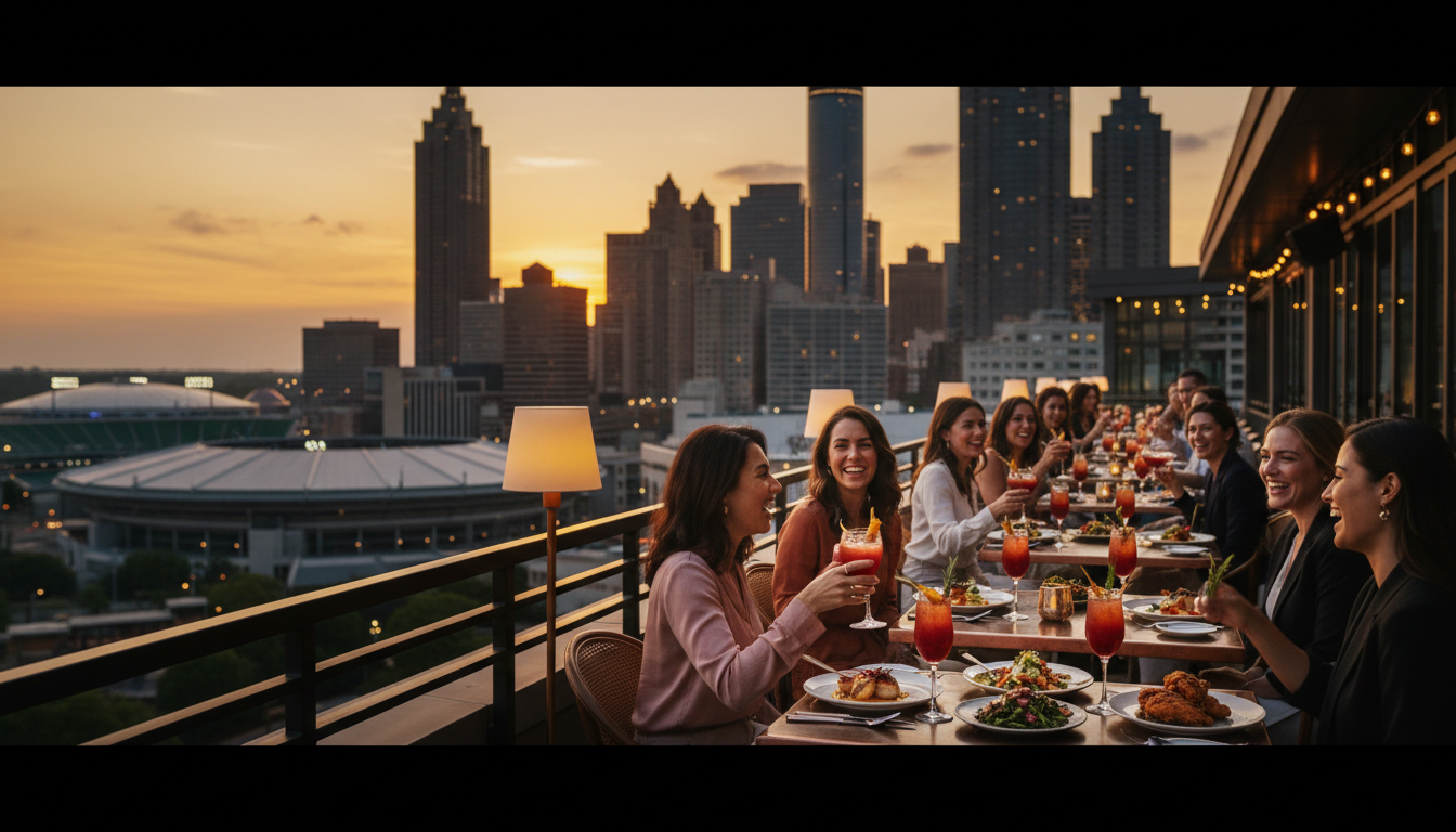 Atlanta dining scene at golden hour with skyline and upscale restaurant patio