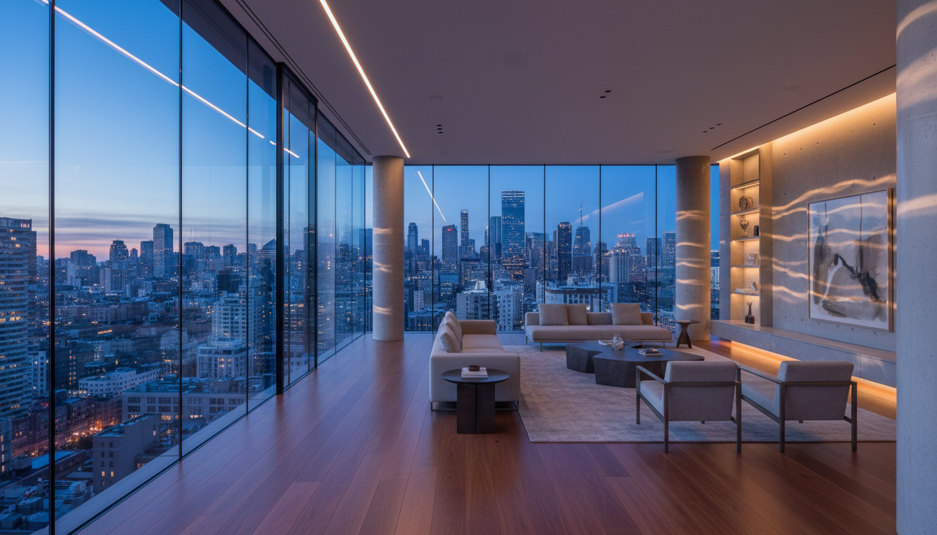 Luxury penthouse with panoramic Luminera fiberglass window wall at blue hour