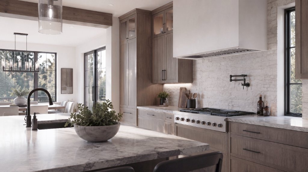 Kitchen with cohesive materials for family living by ANA Studio