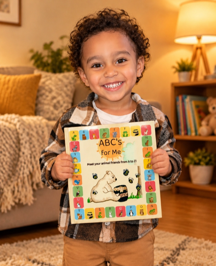 A young reader holding ABC's For Me, a colorful alphabet book