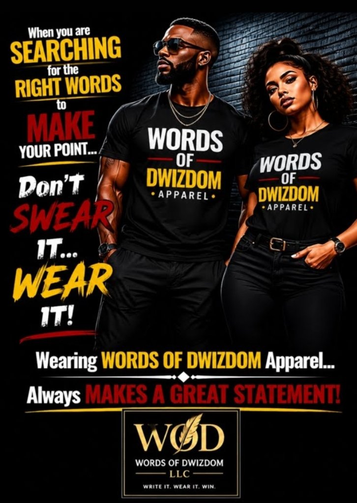 Words of Dwizdom premium T-shirt with bold gold typography art floating in dark cinematic space