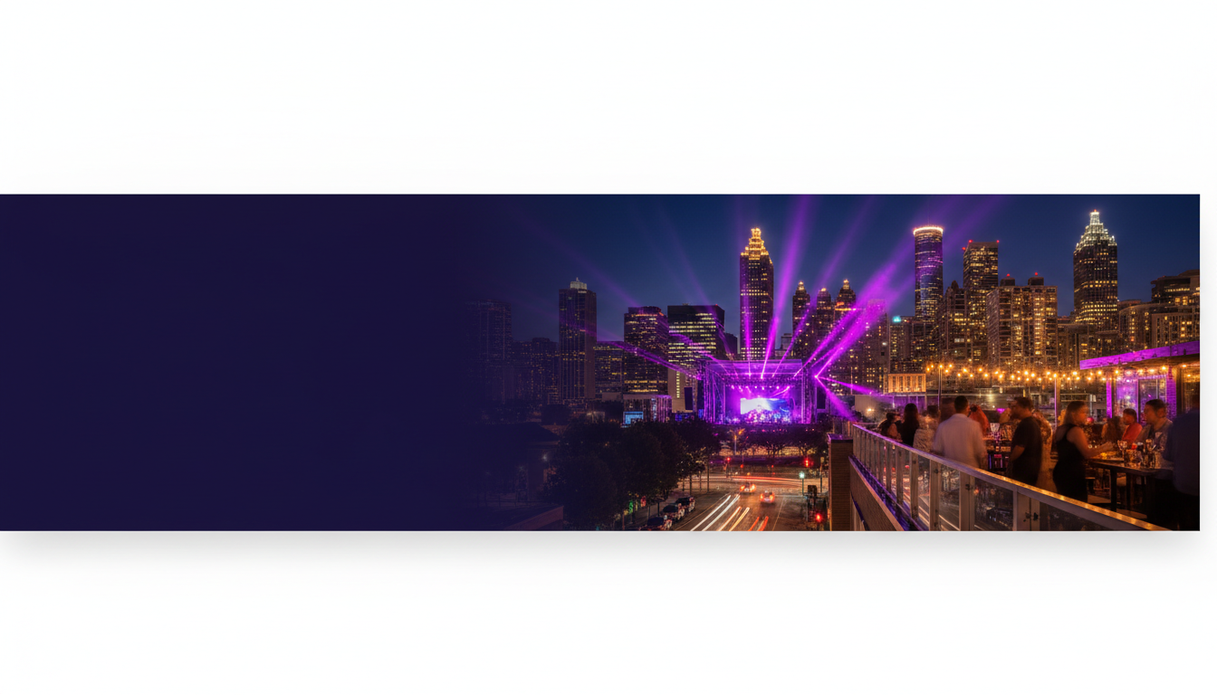 Atlanta skyline at night with vibrant city lights and nightlife energy