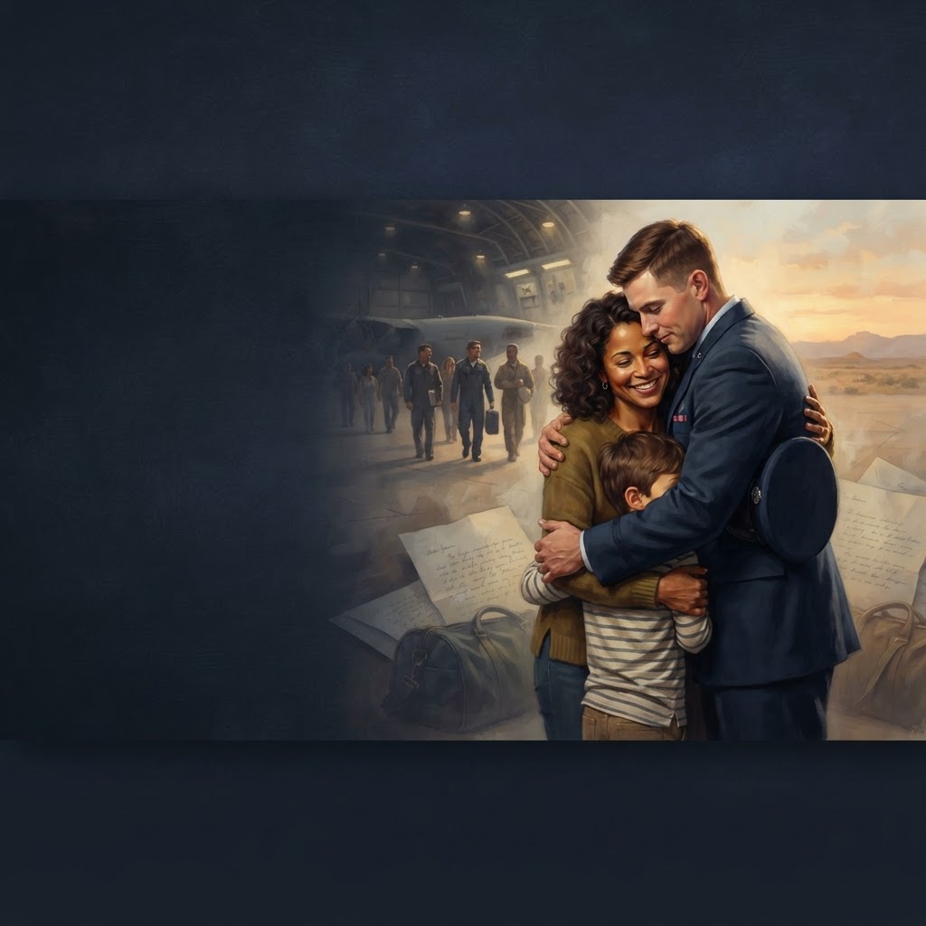 Illustrated military service member returning home to loved ones