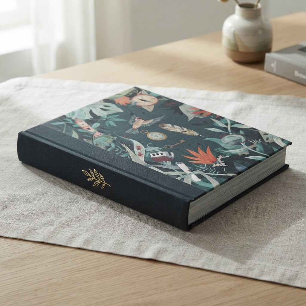 Finished Orvelle illustrated hardcover styled on a warm modern interior surface