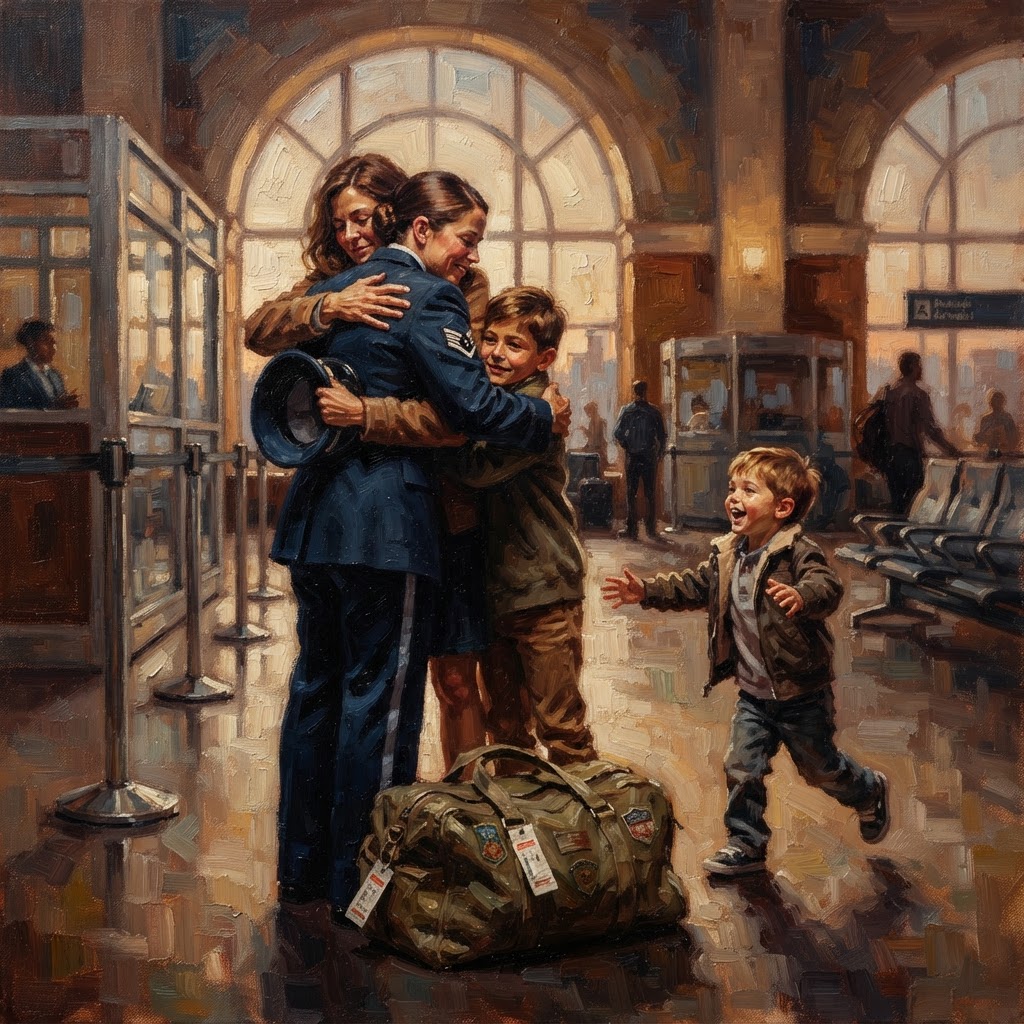 Oil painting of a person in military uniform embracing another person in an airport terminal as a child runs toward them.
