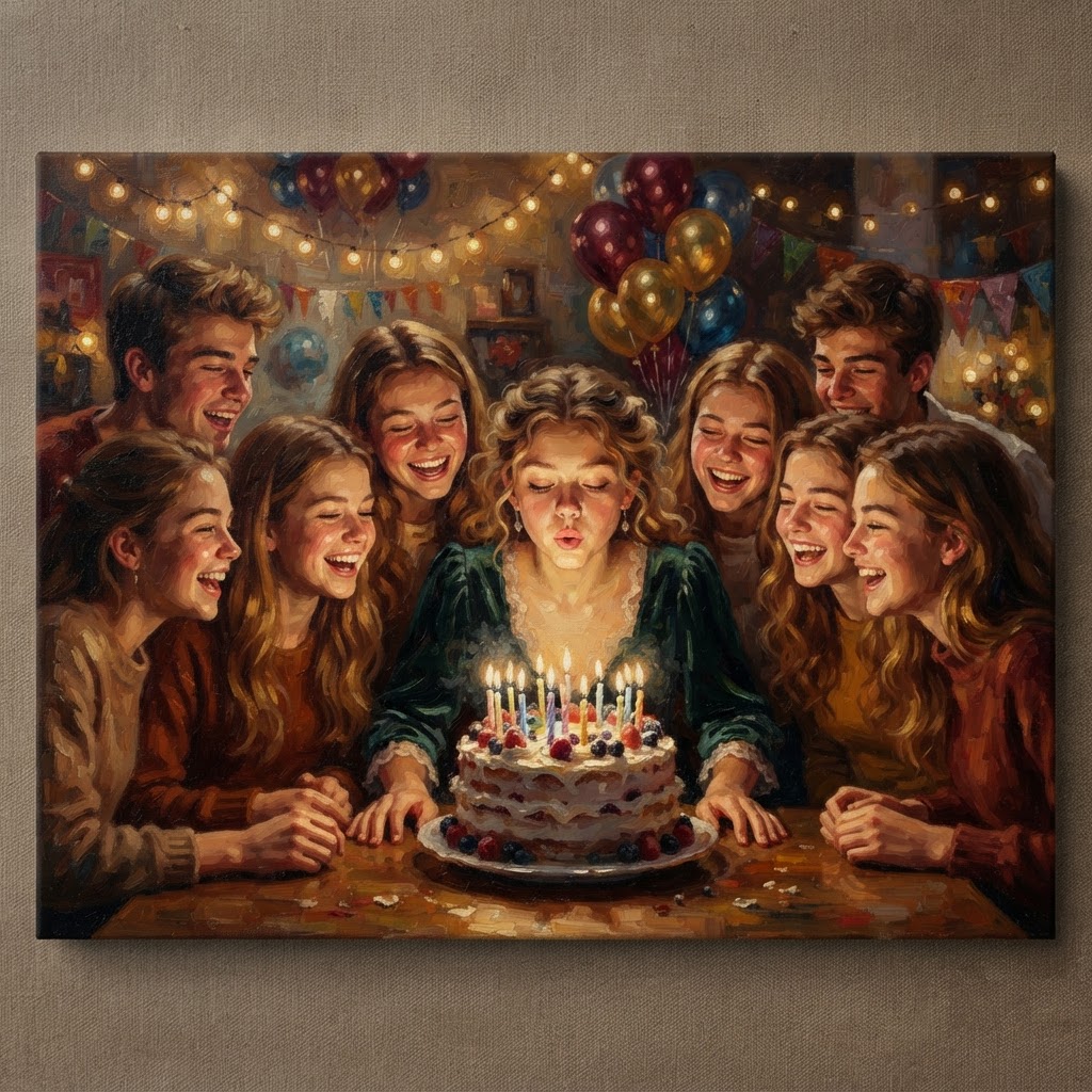 Oil painting of a young person blowing out candles on a cake surrounded by friends clapping.