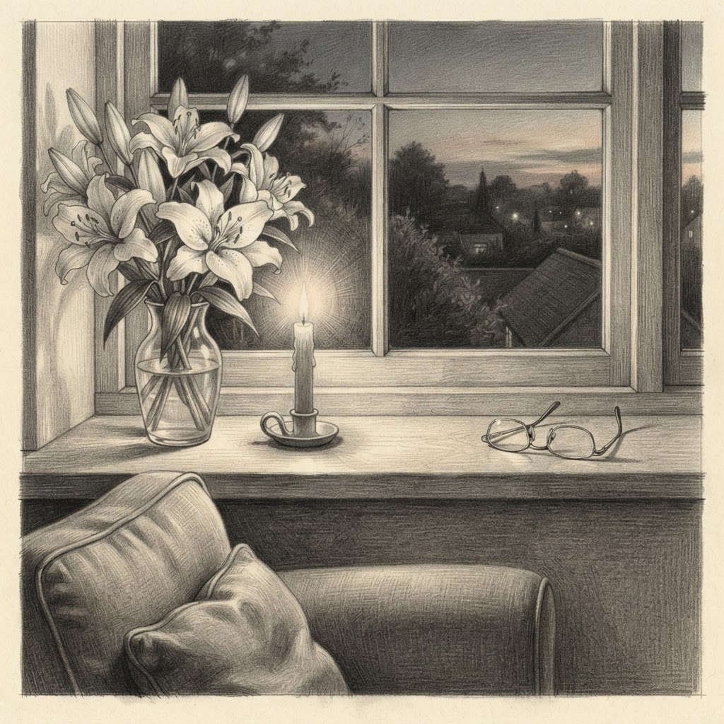 Graphite pencil drawing of a vase of white lilies and a lit candle on a windowsill.