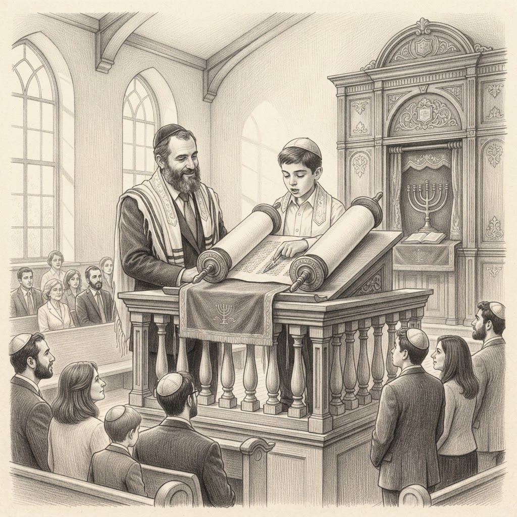 Graphite pencil drawing of a person in a kippah and prayer shawl reading a Torah scroll in a synagogue.