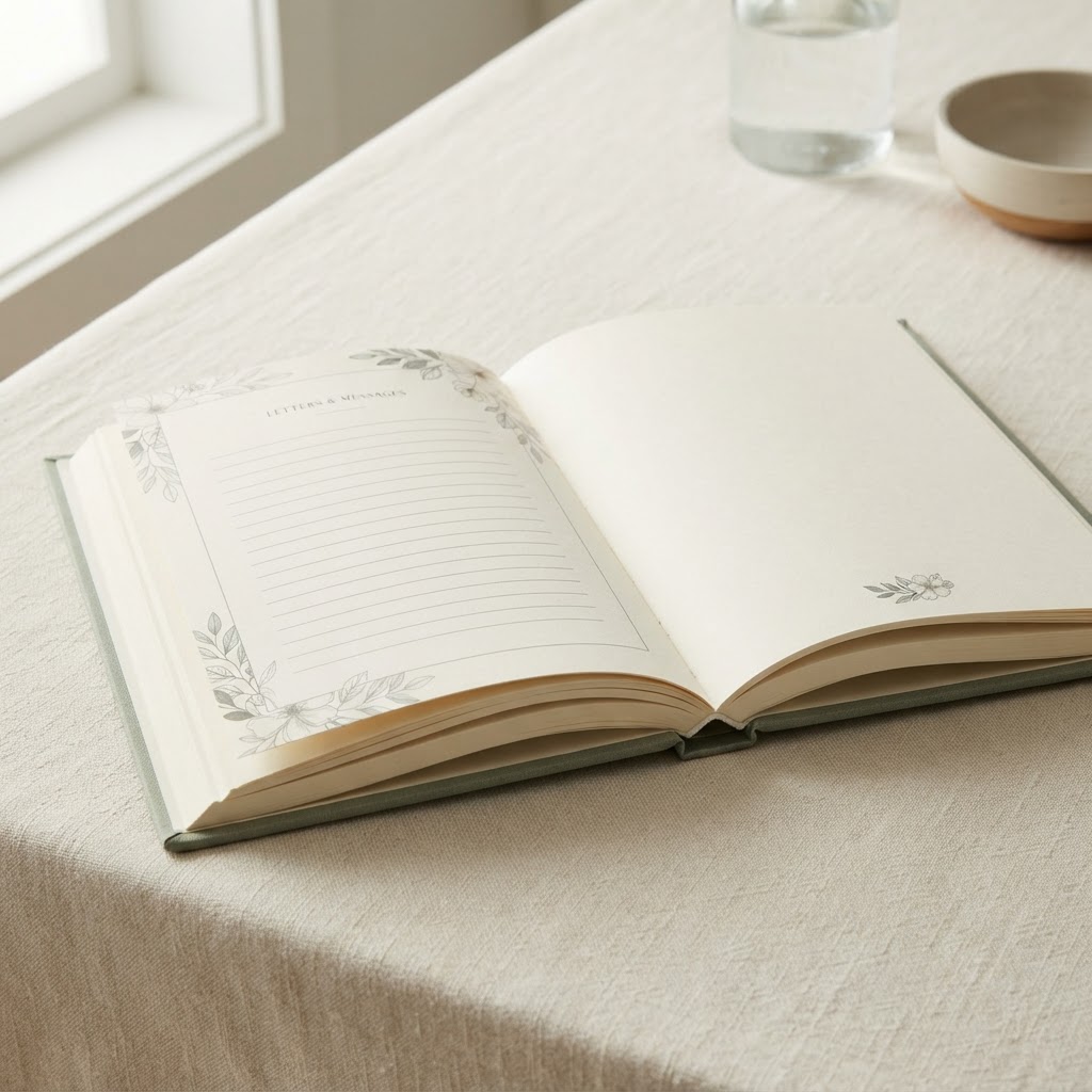 Open Orvelle hardcover showing dedicated letter and message pages