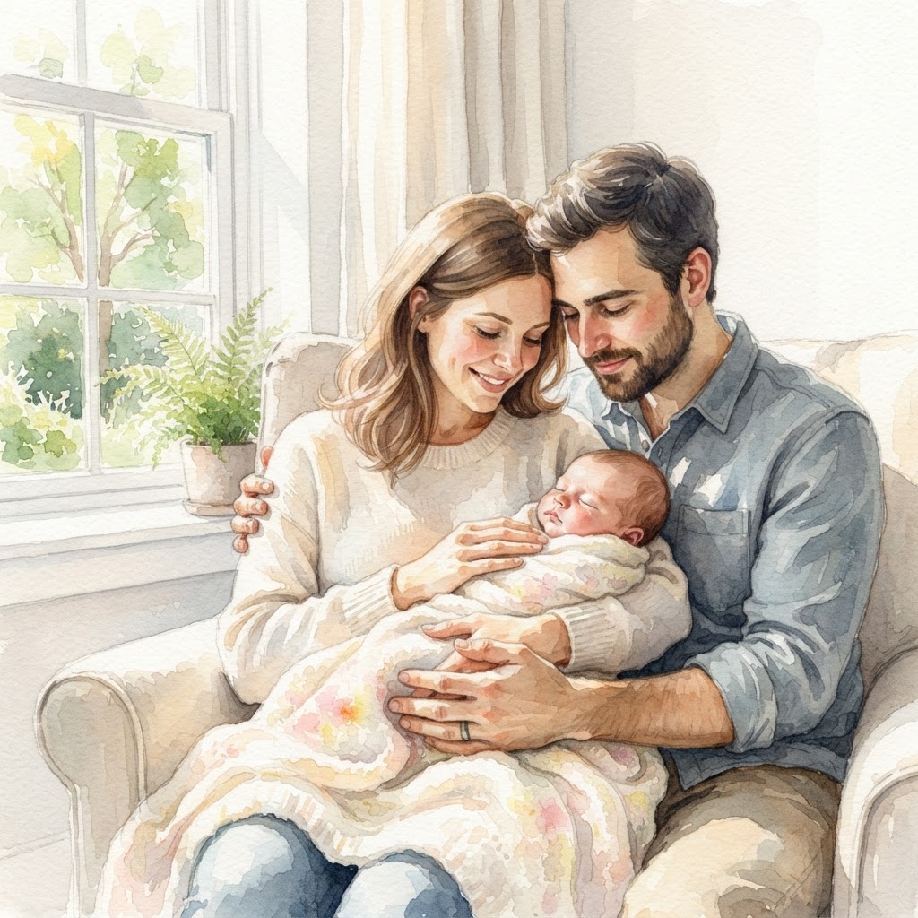 Watercolor painting of a couple sitting in an armchair holding a swaddled infant near a window.