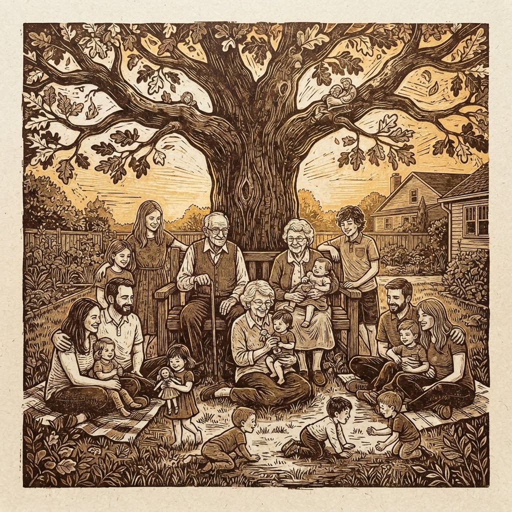 Linocut relief print of a family sitting under a large tree on a lawn rug with children playing.