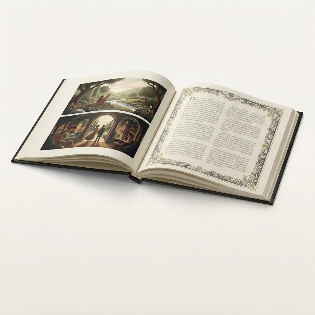 Open Orvelle Editions hardcover showing illustrated scenes and an ornate full-page story
