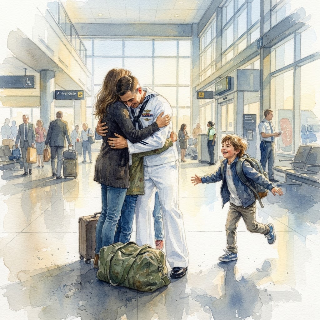 Watercolor painting of a person in military uniform embracing another person in an airport terminal as a child runs toward them.