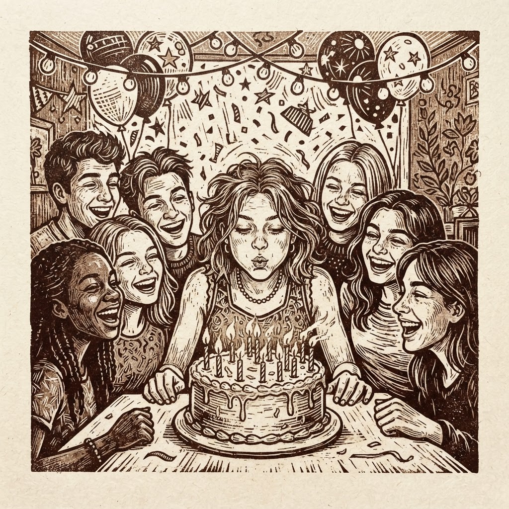 Linocut relief print of a young person blowing out candles on a cake surrounded by friends clapping.