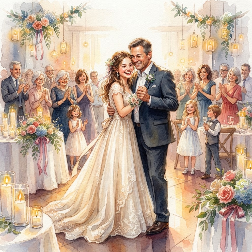 Watercolor painting of a person in a gown dancing with a partner in a room with guests and lit candles.