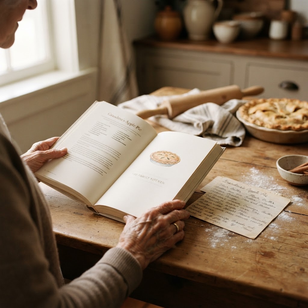 Grandma's handwritten recipe preserved beside a printed family recipe book