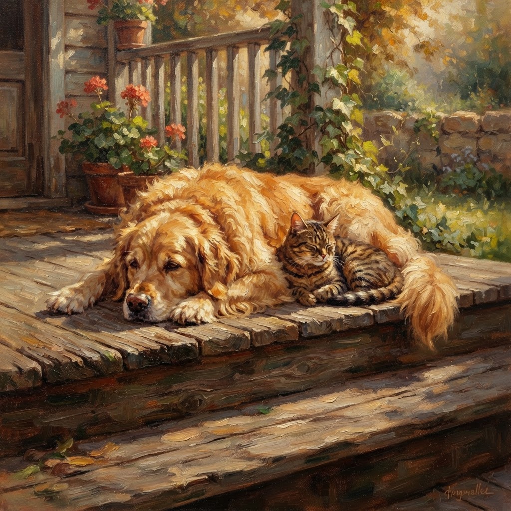 Oil painting of a golden retriever and a tabby cat sleeping together on a wooden porch.