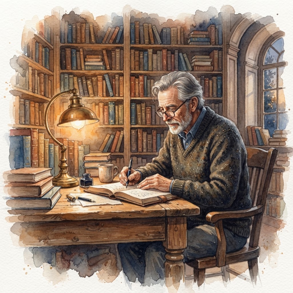 Watercolor painting of an elderly person sitting at a desk in a library writing in a book.