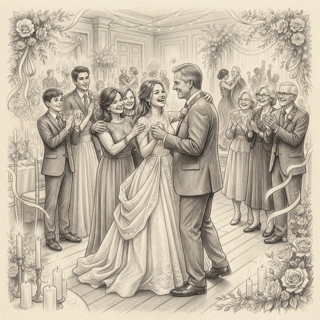 Graphite pencil drawing of a person in a gown dancing with a partner in a room with guests and lit candles.