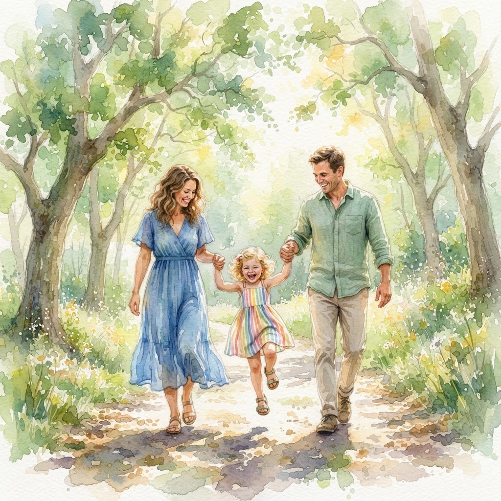 Watercolor painting of two adults walking along a wooded path while holding hands with a small child.