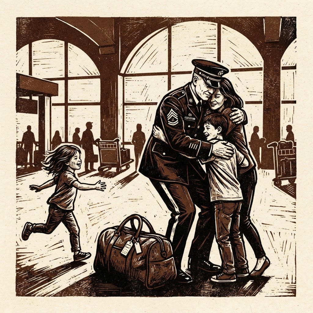 Linocut relief print of a person in military uniform embracing another person in an airport terminal as a child runs toward them.