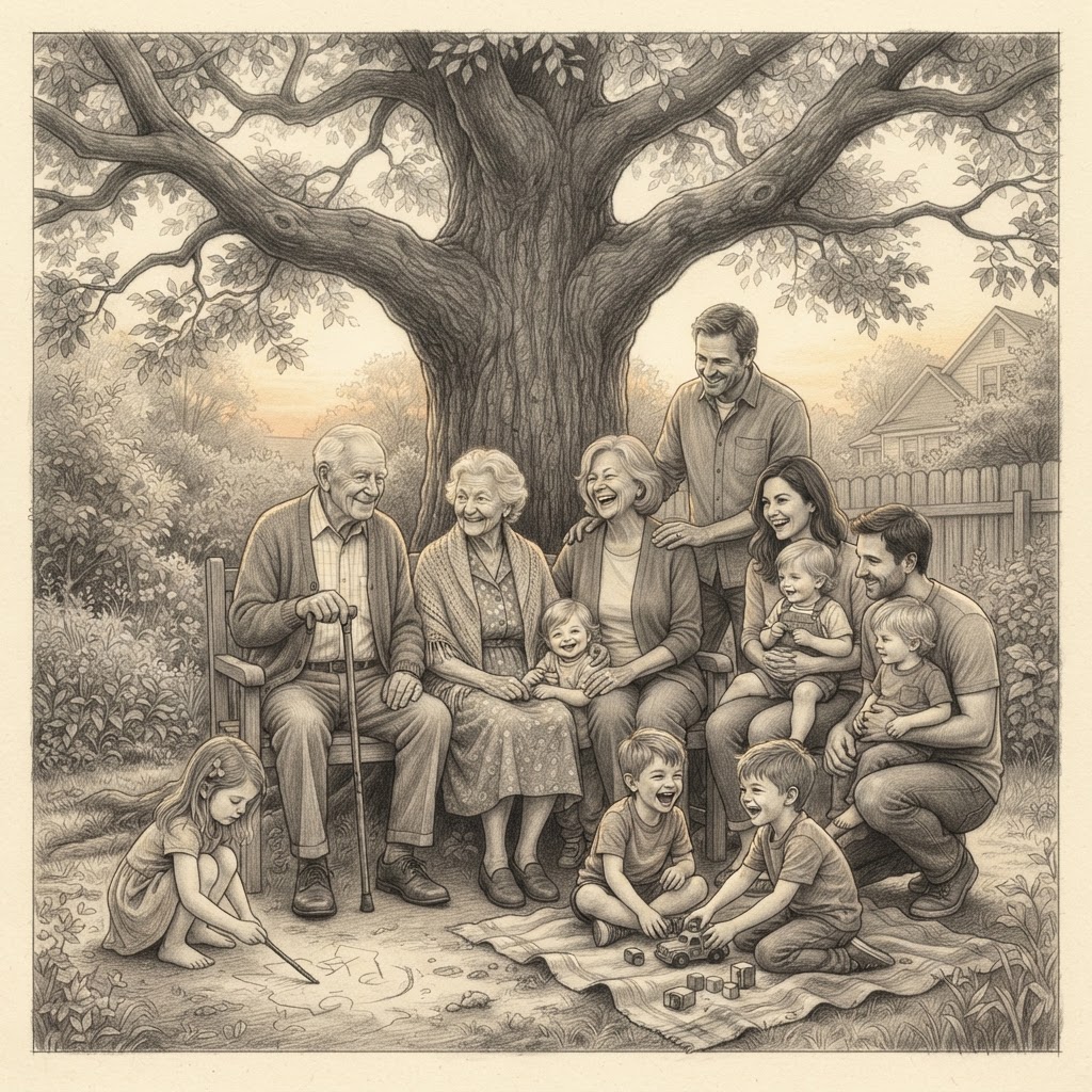 Graphite pencil drawing of a family sitting under a large tree on a lawn rug with children playing.