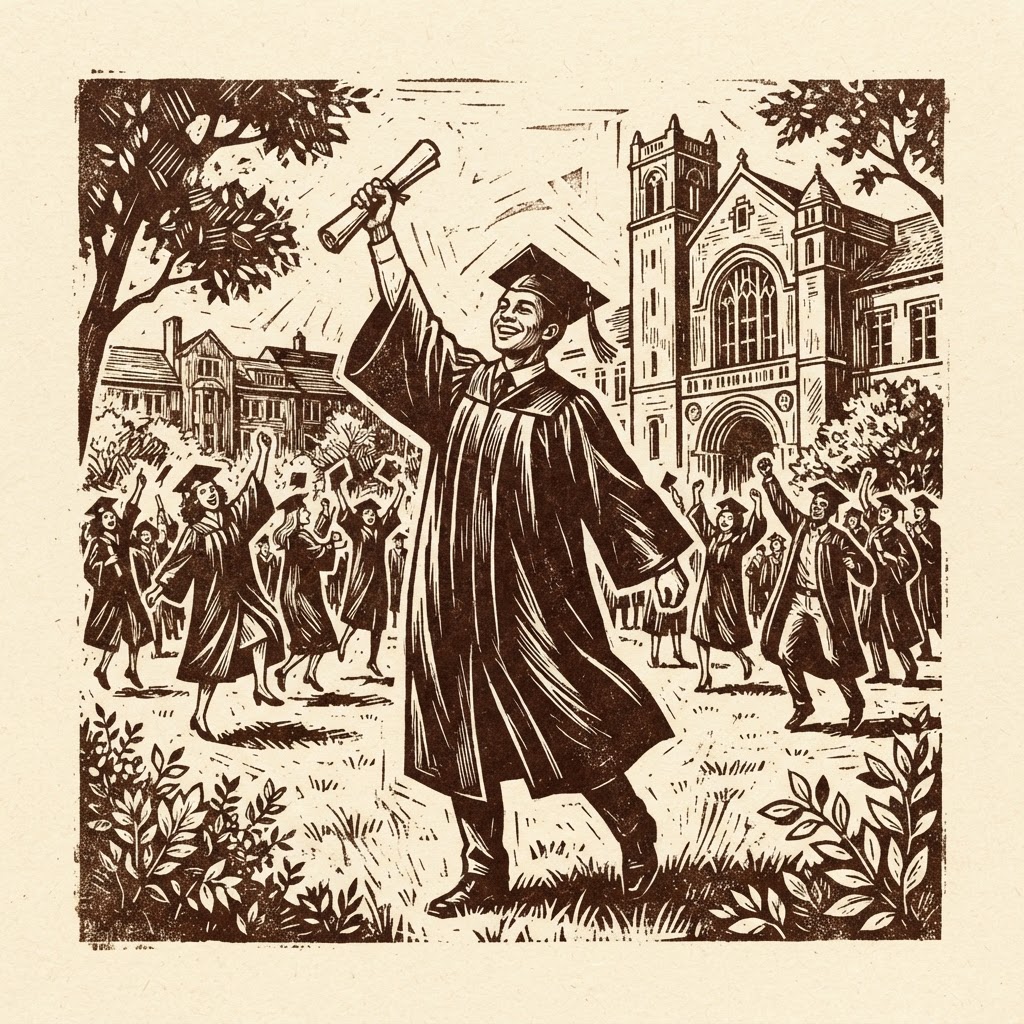Linocut relief print of a graduate in a cap and gown holding up a diploma with other graduates celebrating behind them.