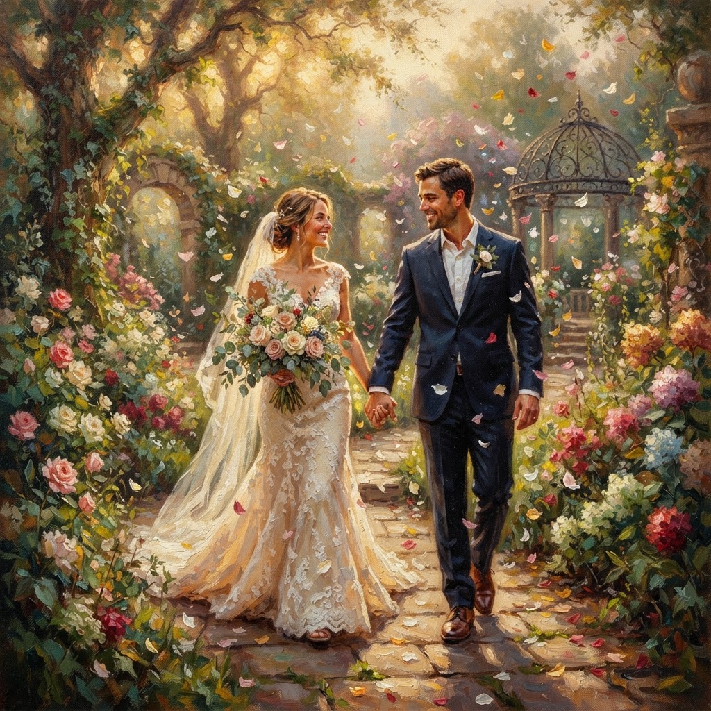Oil painting of a bride and groom walking hand in hand along a garden path.