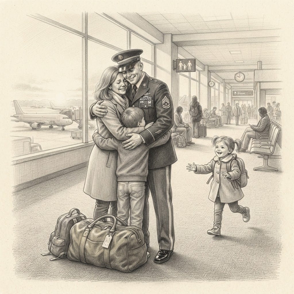 Graphite pencil drawing of a person in military uniform embracing another person in an airport terminal as a child runs toward them.