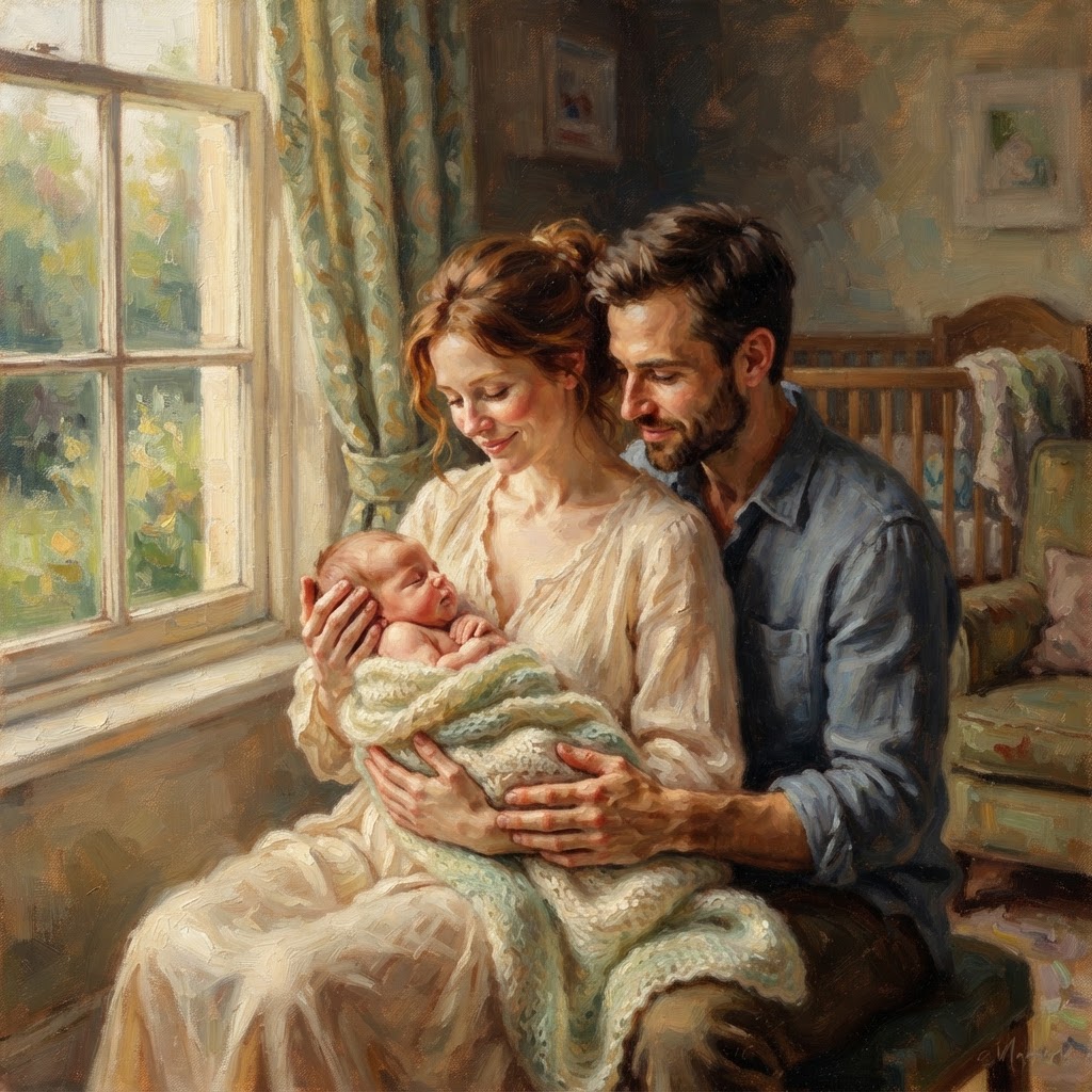 Oil painting of a couple sitting in an armchair holding a swaddled infant near a window.