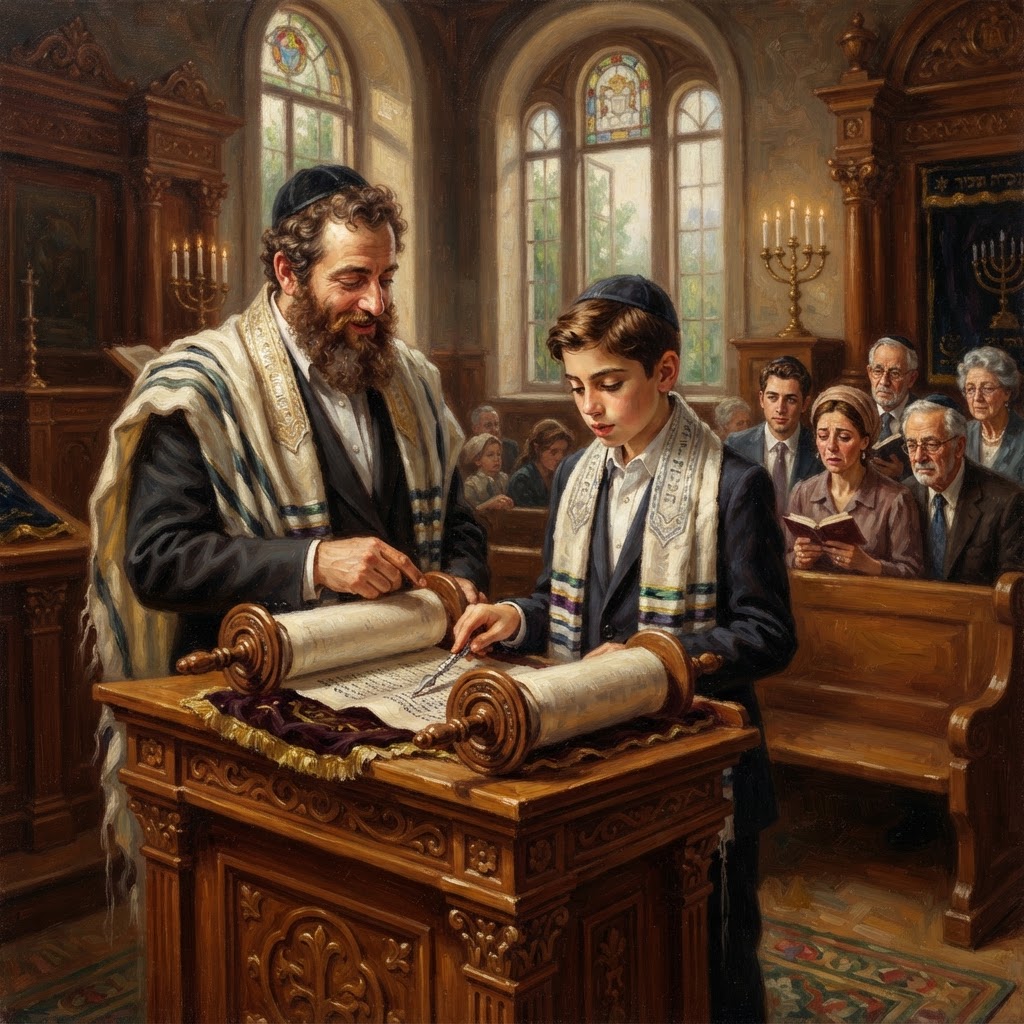 Oil painting of a person in a kippah and prayer shawl reading a Torah scroll in a synagogue.