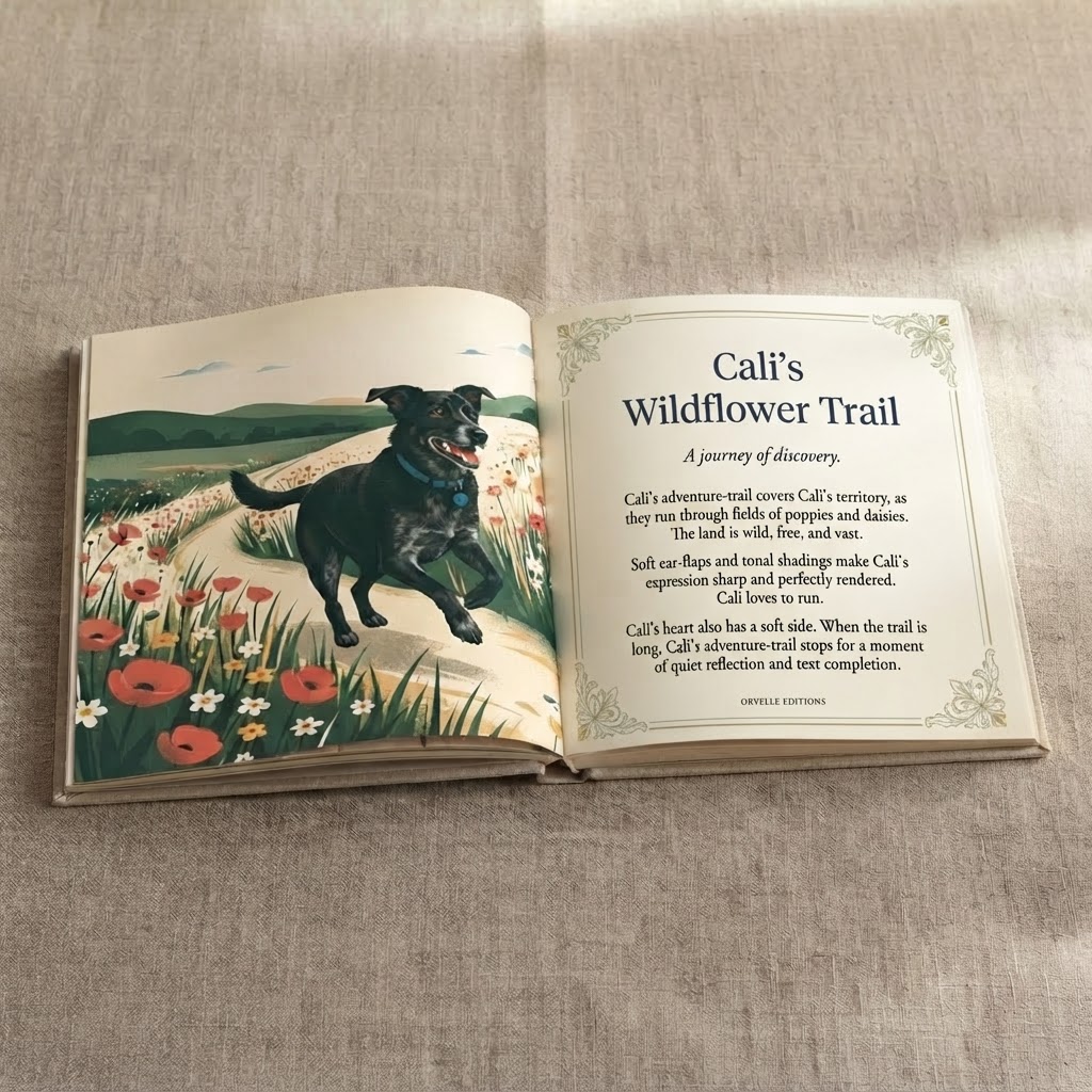 Open Cali hardcover with a full formatted story page and ornate border