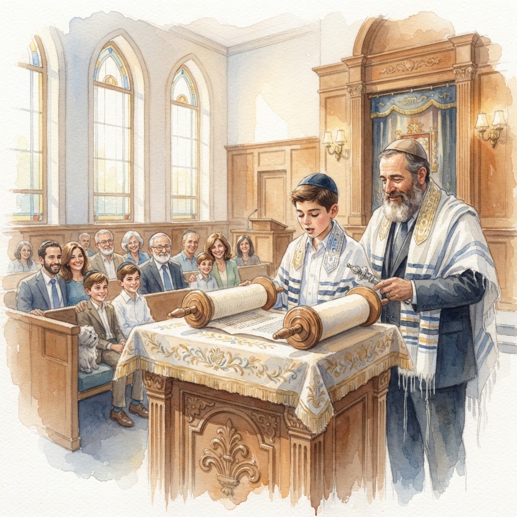 Watercolor painting of a person in a kippah and prayer shawl reading a Torah scroll in a synagogue.