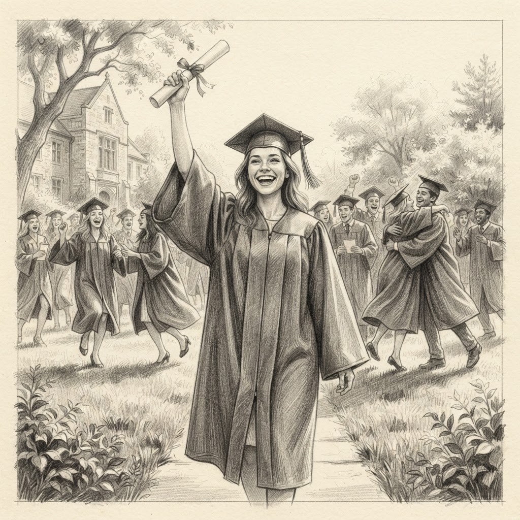 Graphite pencil drawing of a graduate in a cap and gown holding up a diploma with other graduates celebrating behind them.