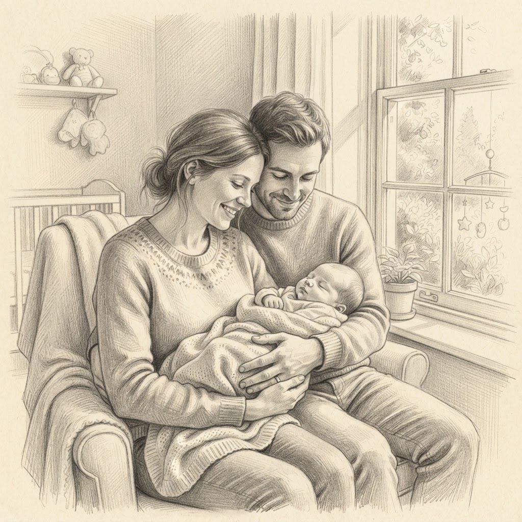 Graphite pencil drawing of a couple sitting in an armchair holding a swaddled infant near a window.