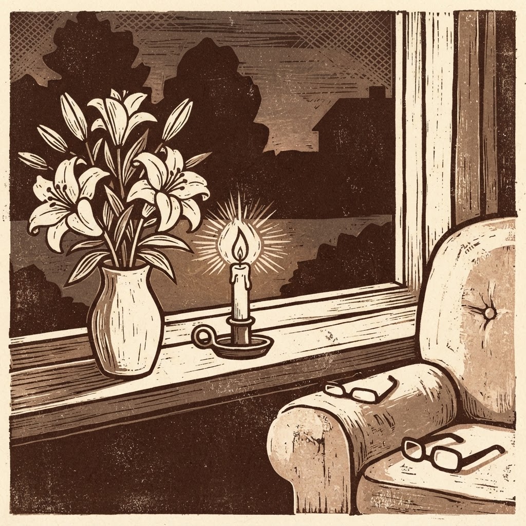 Linocut relief print of a vase of white lilies and a lit candle on a windowsill.