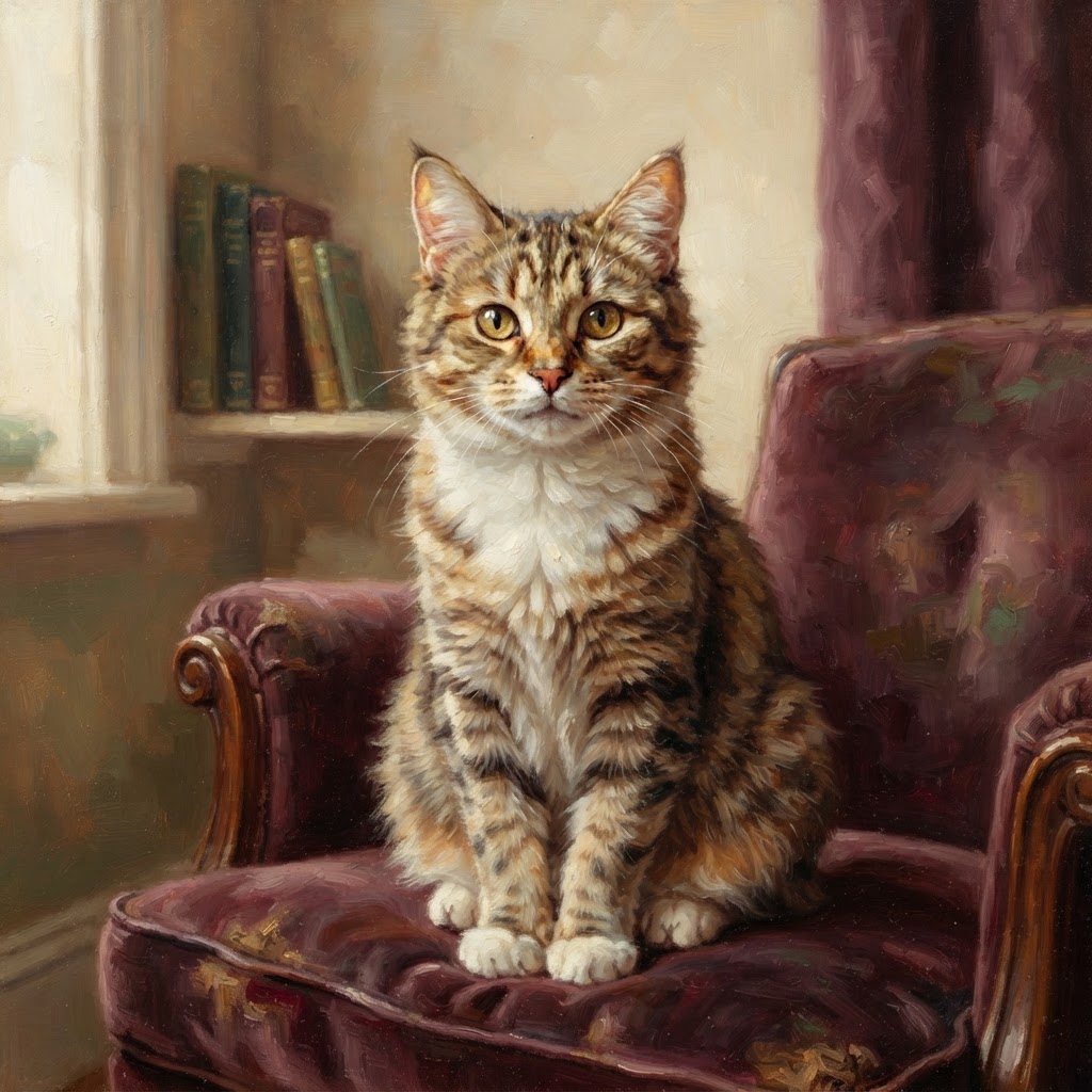 An expressive oil-painted portrait of a beloved cat
