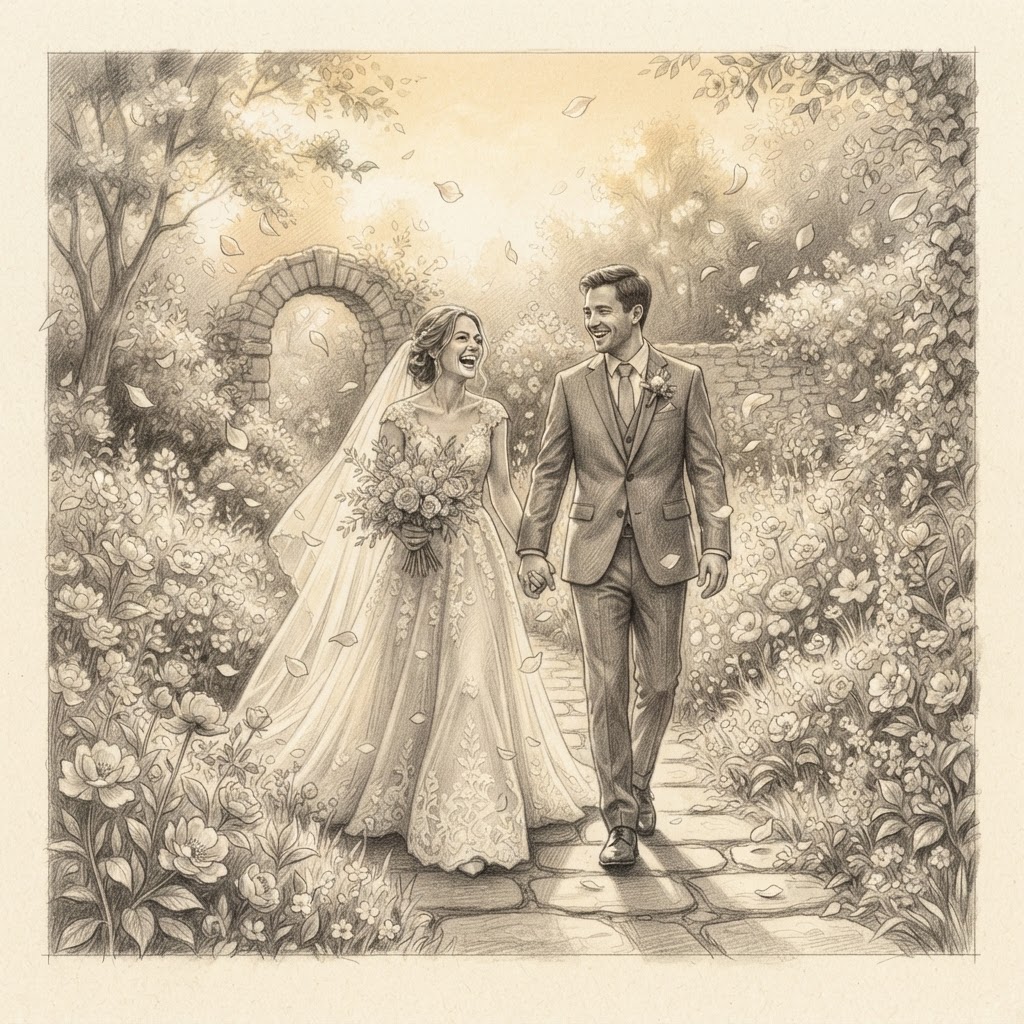 Graphite pencil drawing of a bride and groom walking hand in hand along a garden path.