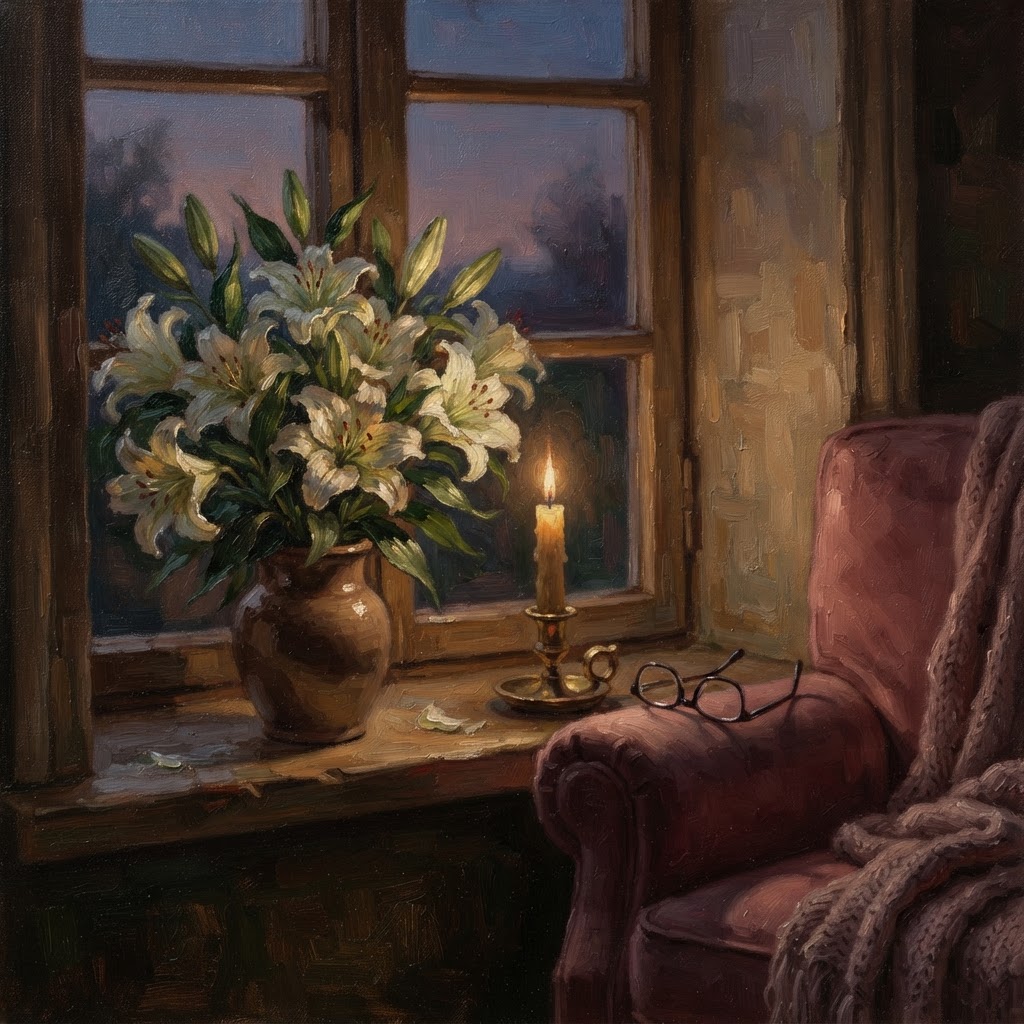 Oil painting of a vase of white lilies and a lit candle on a windowsill.