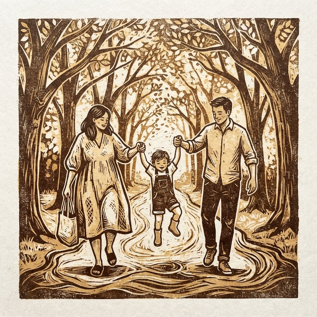 Linocut relief print of two adults walking along a wooded path while holding hands with a small child.