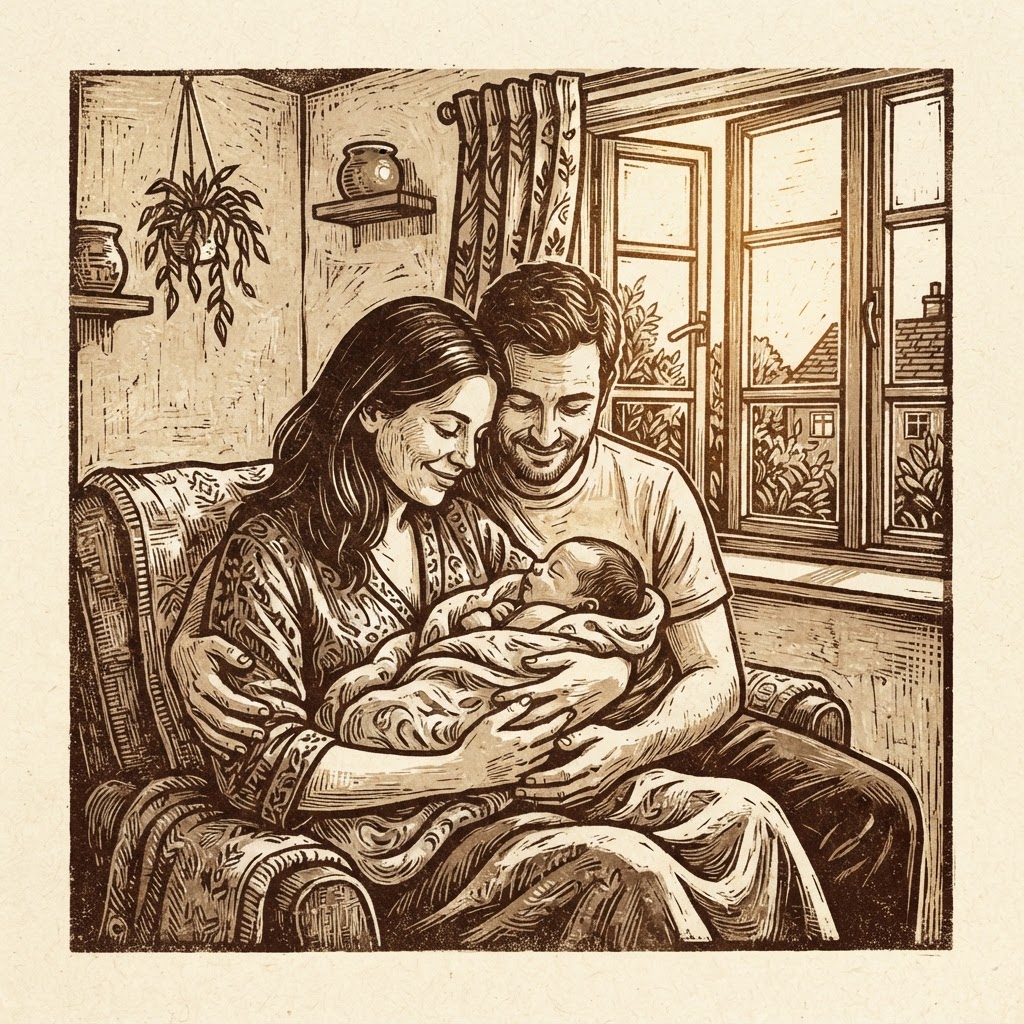 Linocut relief print of a couple sitting in an armchair holding a swaddled infant near a window.