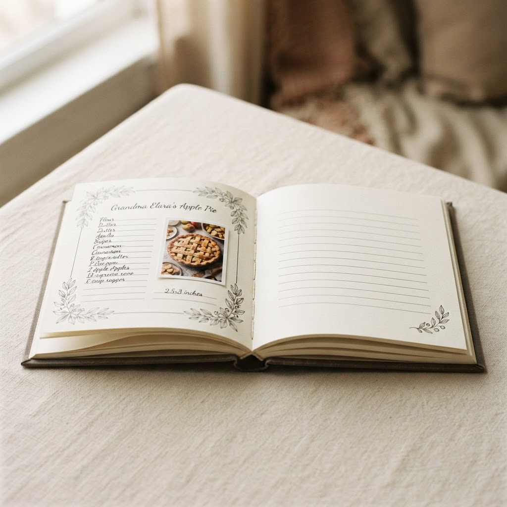 Open Orvelle hardcover showing a family recipe page spread