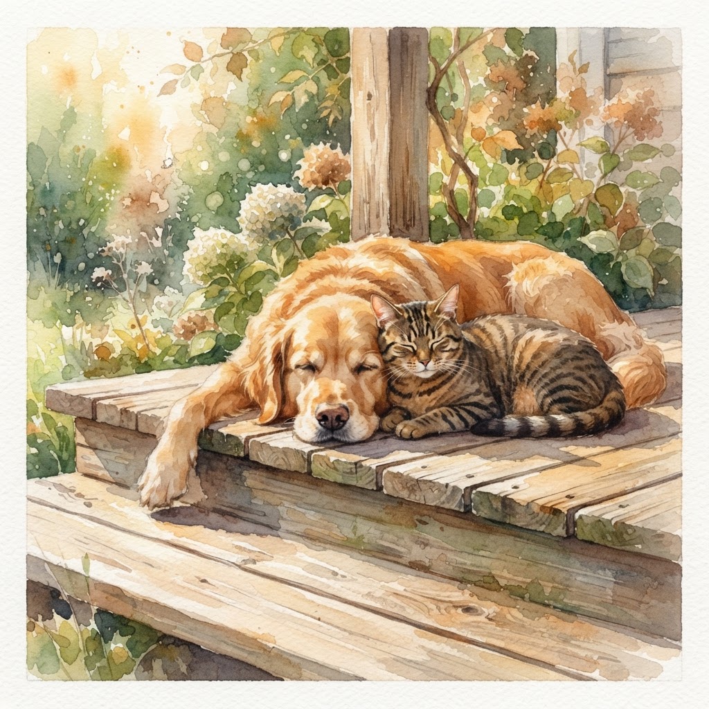 Watercolor painting of a golden retriever and a tabby cat sleeping together on a wooden porch.