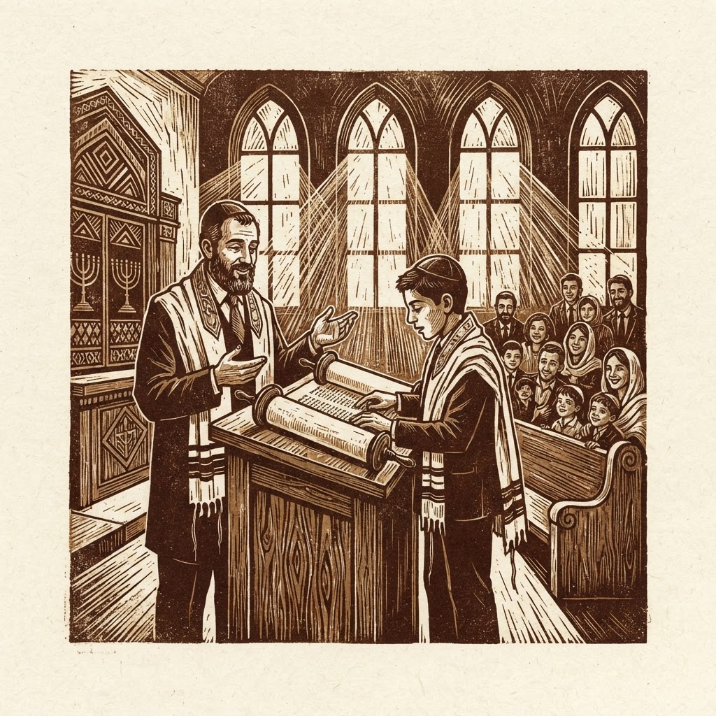 Linocut relief print of a person in a kippah and prayer shawl reading a Torah scroll in a synagogue.