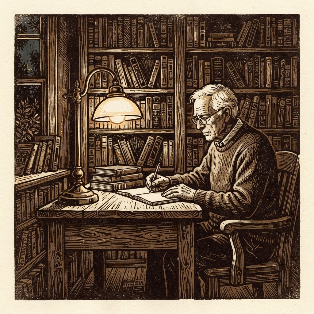 Linocut relief print of an elderly person sitting at a desk in a library writing in a book.