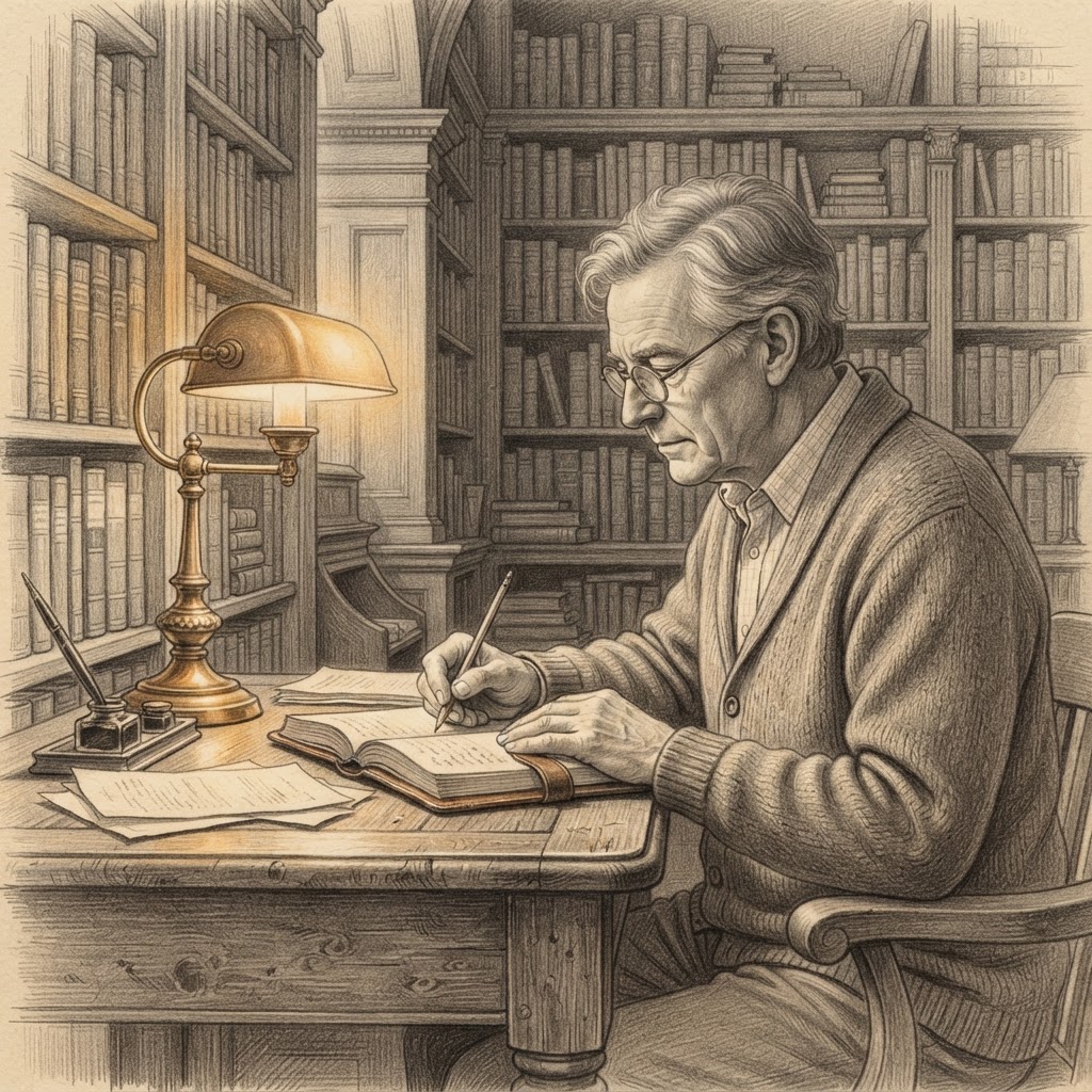 Graphite pencil drawing of an elderly person sitting at a desk in a library writing in a book.